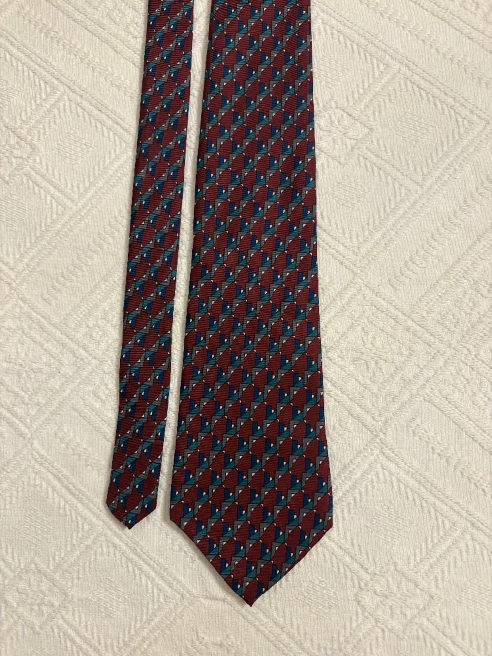 Vintage Halston III Geometric Silk Necktie Burgundy Teal Grey